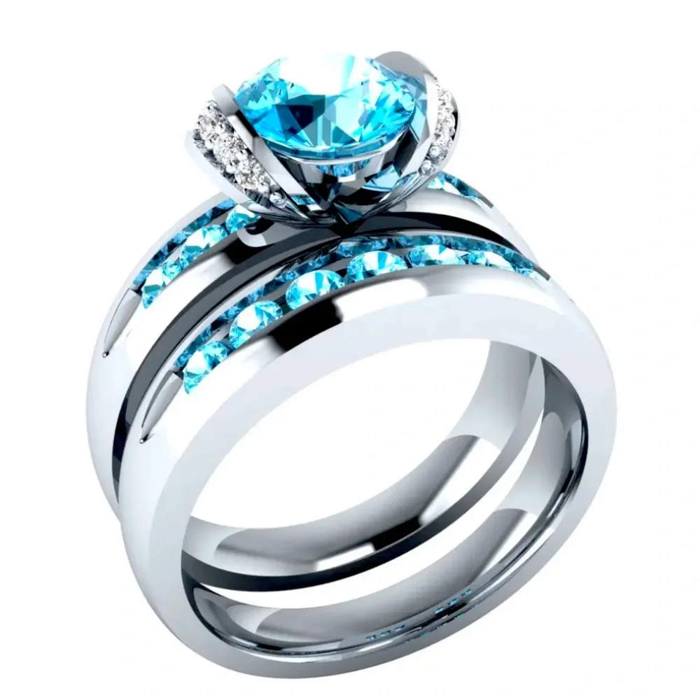 New 925 Sterling Silver Aquamarine 2pc Ring Set